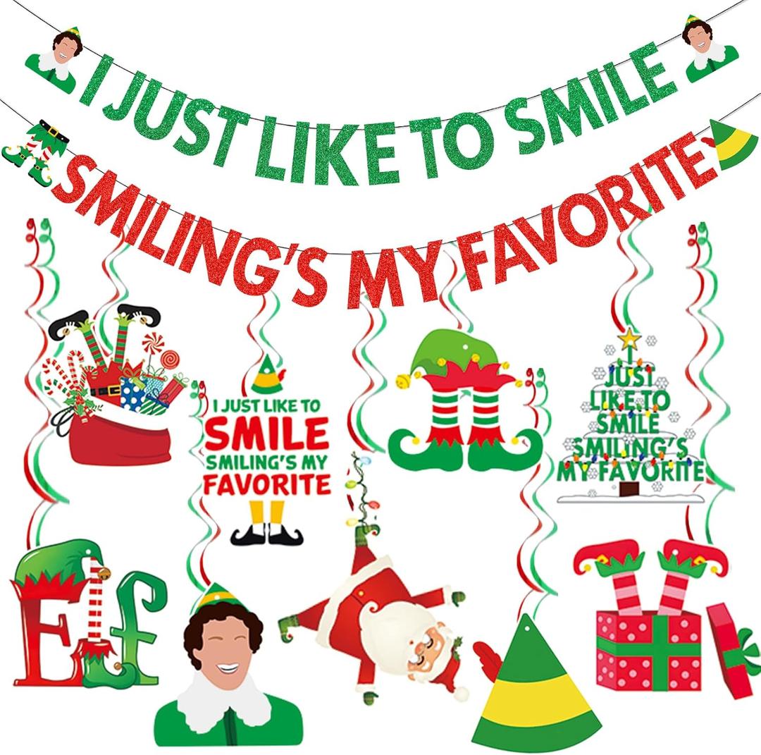 The Elf Christmas Banner Decorations Christmas Elf Decorations I Just Like To Smile Smiling's My Favorite Banner for Xmas Party Decorations Friendsmas Party Decorations (red green)