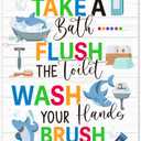 2 x Funny Shark Theme Kids Bathroom Wood Plaques Wall Decor, Take Flush Wash Brush Blue Shark Bathroom Wooden Hanging Sign for Toilet Washroom Front Door Wall Decor 12'' L x 8'' W