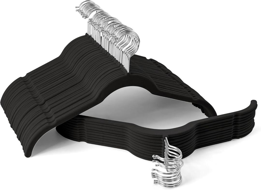 Premium Velvet Hangers 50 Pack - Space-Saving Closet Organizer for Clothes, Non-Slip Flocked Design, Ideal for Shirts and Coats (Black) (360° Swivel hook 50 Pack)