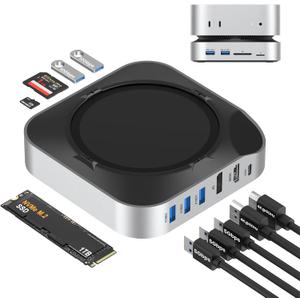 Mac mini M4 Dock with NVMe SSD Enclosure, Docking Station Dual Monitor for Mac mini M4/M4 Pro, 6-Port USB-C Hub with 4K60Hz HDMI, DisplayPort, SD/TF Card Reader, 10Gbps USB-A