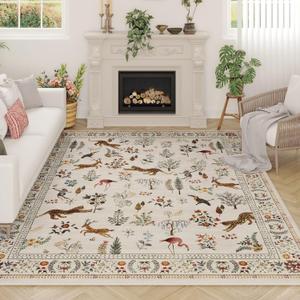 Area Rugs 8x10 Rug for Living Room Clearance Washable Boho Area Rug Non Slip Floral Animal Vintage Low Pile Large Rug for Living Room, Bedroom, Farmhouse, Dining Room, Kids Playroom (Beige)