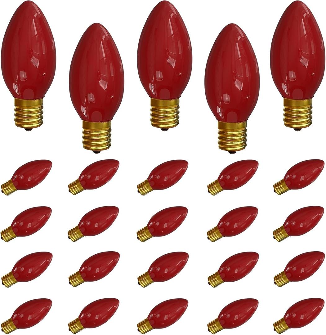 SUNSGNE 25 Pack C9 Red Christmas Light Bulbs, 7 Watt Red Incandescent Christmas Replacement Light Bulbs, E17 Intermediate Base