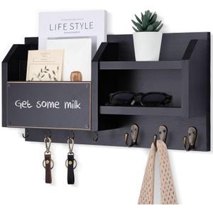 Mail and Key Holder  Wall Mount Key Hanger with Shelf and 7 Metal Hooks  Decorative Natural Paulownia Wood Entryway Organizer with Mounting Hardware (16.5W x 8.7H x 3.5D) (Black)