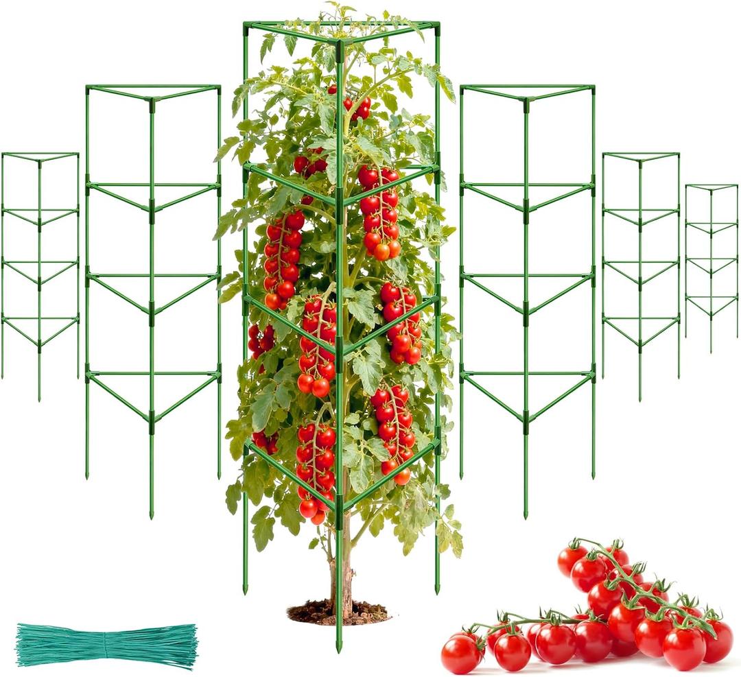 Halatool 6 Pack Heavy Duty Tomato Cages, 57 Inch Tall Metal Plant Supports Stakes for Outdoor Garden, Adjustable Foldable Steel Trellis for Climbing Plants Cucumbers Peppers Flowers Vegetables Fruits