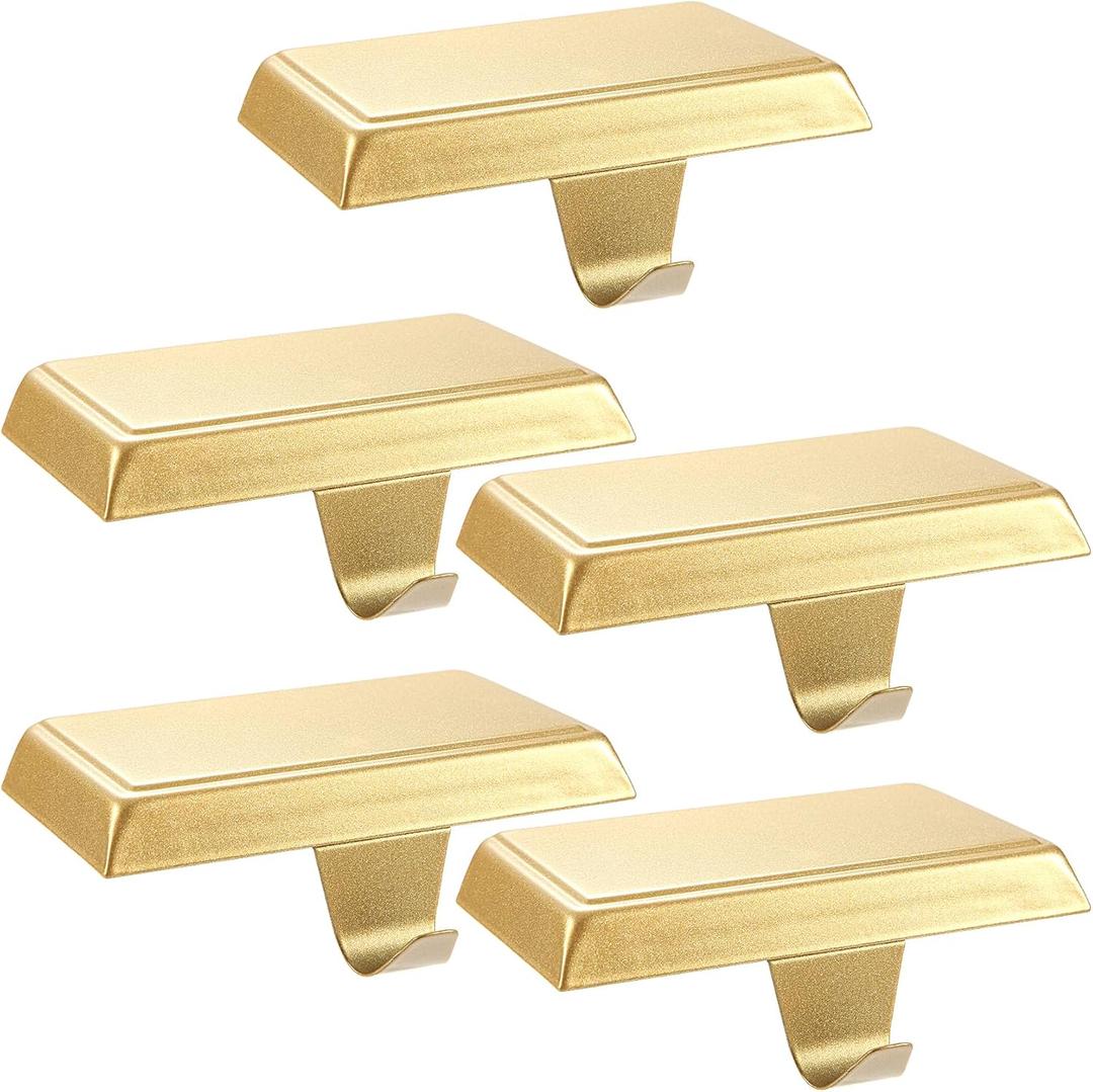 Sunshane 5 Pieces Christmas Stocking Holders Mantel Stocking Hanger Hooks Fireplace Mantle Metal Hang Bases for Xmas Party Decorations (Gold)
