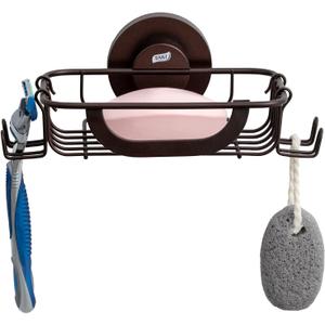TAILI Soap Bar Holder Dish with Hooks, Shower Soap Tray Saver Suction Cup with Razor Holder for Wall, Rustproof Stainless Steel Bath Shampoo Caddy for Bathroom Accessories Organizer,Brown (5.6" * 4.6")