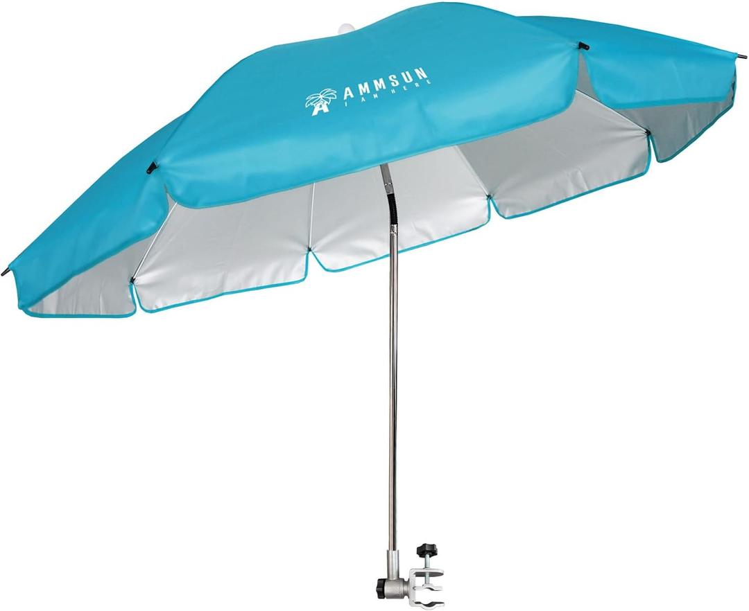AMMSUN Chair Umbrella with Universal Clamp Adjustable 47 inches and 360° Swivel & UPF 50+ Protection Portable Sun Umbrella, Secure Clip on Camping/Beach Chairs, Stroller, Wheelchair, Golf cart, Lounger, Light Blue, Large-sized