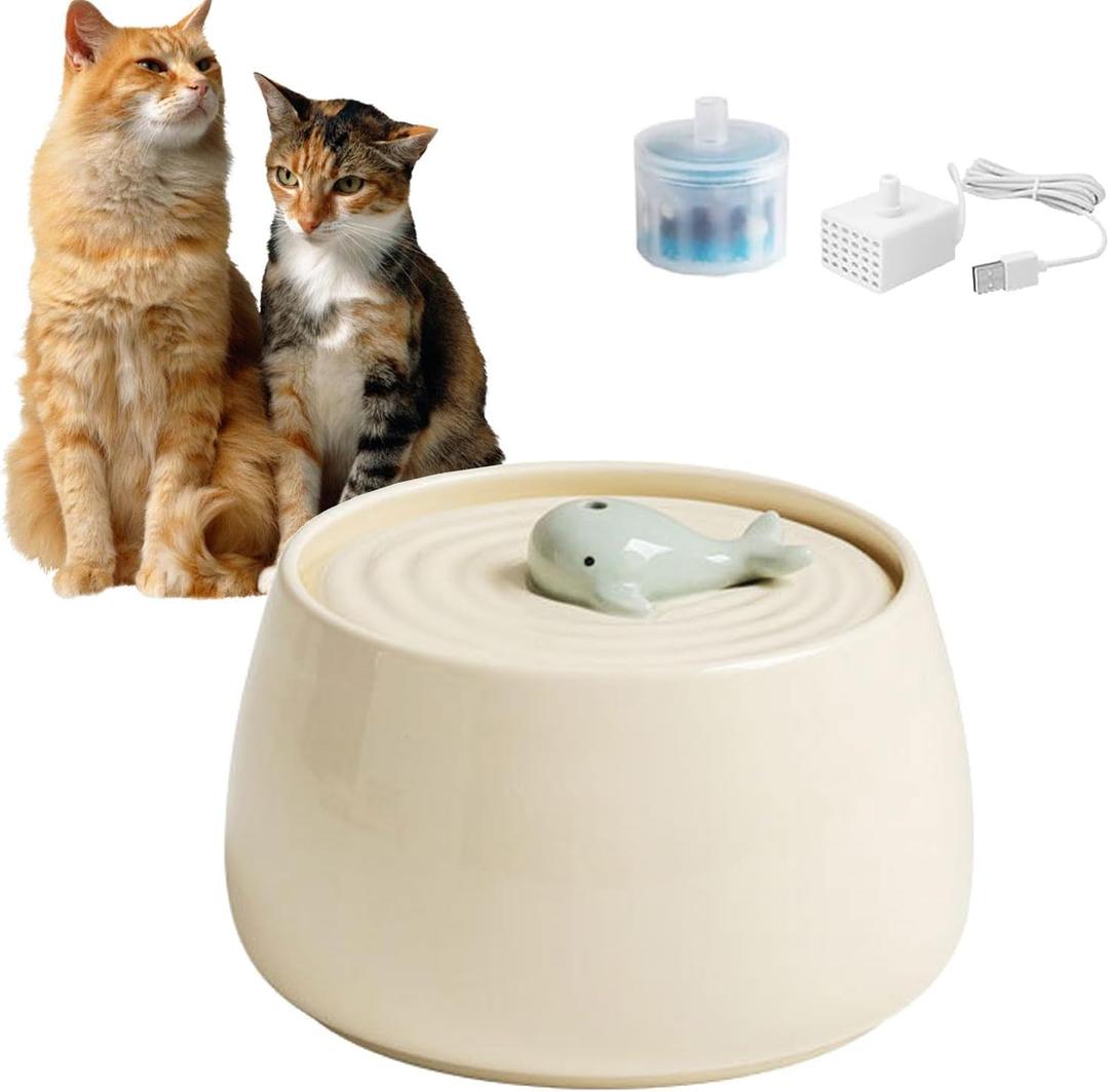 Ceramic Pet Feeding and Drinking Bowls, 1.3L/ 44oz Cat Water Fountain, Pet Drinking Fountain for Cats Dogs Indoor, Cat Water Dispenser with Filters, Silent Automatic Pet Water Fountain, Off White