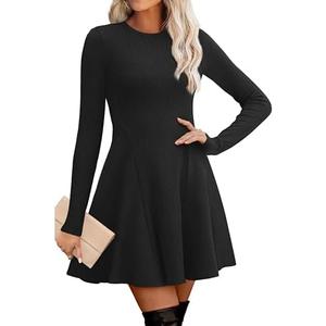 OFEEFAN Sweater Dress for Women Fall 2025 Long Sleeve Crew Neck Ribbed Knit Fit and Flare A-Line Dresses, Black, S
