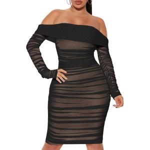 MOEENCN Mesh Long Sleeve Ruched Dress Sexy Off Shoulder Bodycon Women Knee Length Party Date Night Outfits (XX-Large, Black)