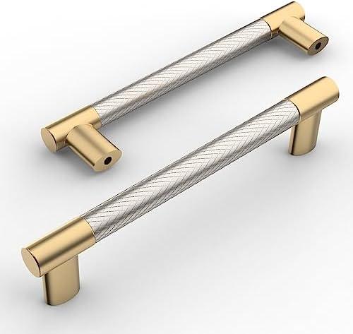 Amerdeco 10 Pack Brushed Nickel and Gold Knurled Cabinet Pulls 5 Inch Hole Center Brushed Brass Kitchen Cabinet Handles for Drawer Cupboard and Wardrobe ZH0038…