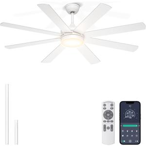 60 Inch Ceiling Fans with Lights - 8 Blades White Ceiling Fan Remote/APP Control, Dimmable, Reversible Ceiling Fan for Indoor/Covered Outdoor