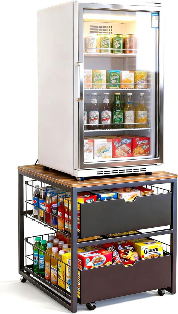 Mini Fridge Stand with Storage, Heavy Duty Mini Fridge Table, Small Refrigerator Stand, For Dorm Office Apartment Home, 21.6L x 21.6W x 22.2H, Max Load 250 LBS