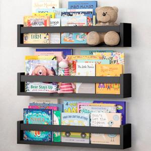 NATURE SUPPLIES Set of 3, 23" Black Floating Shelves for Wall, Kids Bookshelf for Bedroom, Nursery Storage for Rooms, Modern Wall-Mounted Display for Books, Toys, and Decor in Home or Office Spaces