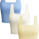 OLCHEE Womens 3 Pack Crop Tank Tops Basic Seamless Ribbed Sleeveless Square Neck Workout Top Summer Exercise Yoga Gym Shirts (Small, Blue + Beige + Yellow)