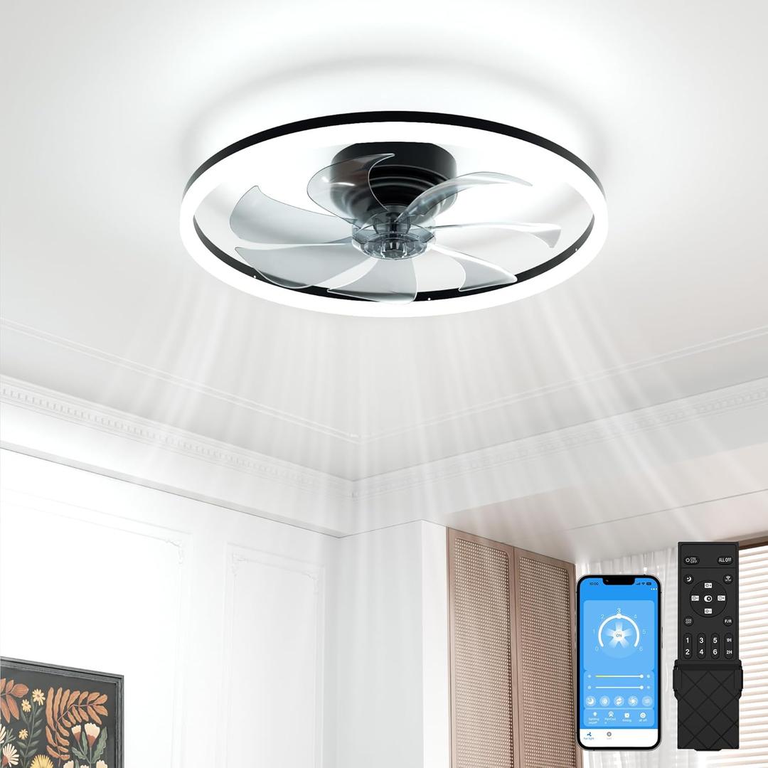 VOLISUN Low Profile Ceiling Fans with Light and Remote, 20in Fandelier Ceiling Fan with Lights, 3000K-6500K Dimmable Flush Mount LED Fan Light, Black Bladeless Ceiling Fans with Lights for Bedroom