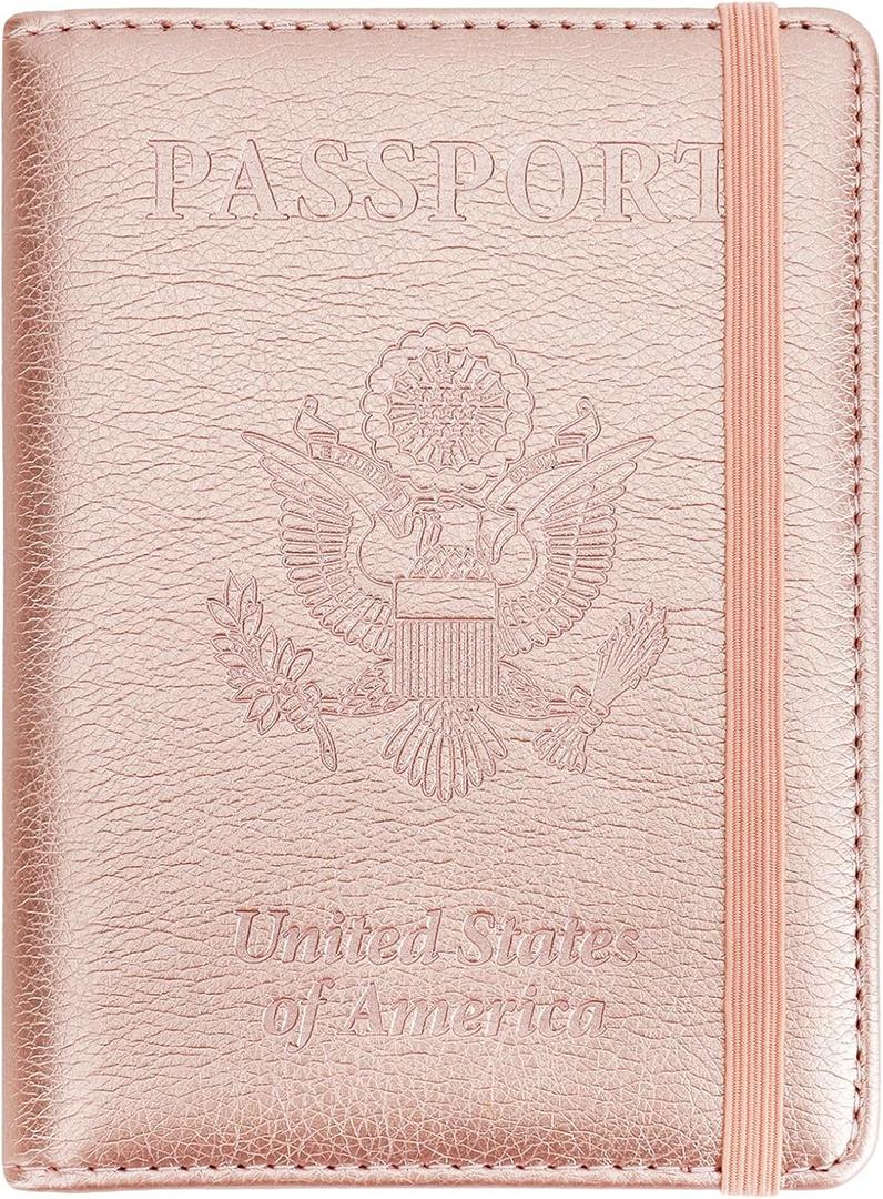 Passport Holder for Travel Essentials, Passport Cover Wallet Passport Holders for Women Men, PU Leather Passport Book Card Case with Pen Holder for Family Travel Must Haves Accessories, Rose Gold