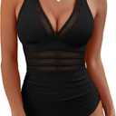 BMJL Women's Tummy Control Swimsuits Mesh Sexy One Piece Bathing Suits Slimming V Neck Swimwear, XL