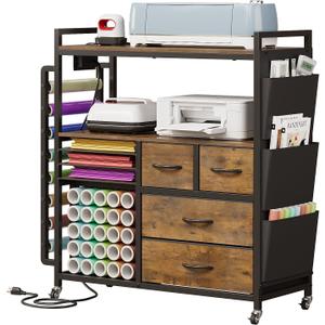 Large Craft Organizer and Storage Rolling Cart Compatible with Cricut Machine with Fabric Drawers Vinyl Roll Holder Accessories for Home Craft Workstation Room (Rustic Brown)