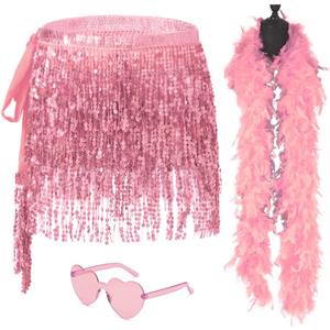 Sequin Skirt - Sequin Skirt for Women Fringe Skirt Belly Dance Rave Disco Cowgirl Sparkle Skirt, with Sunglasses + Boa (One Size Short, Pink)