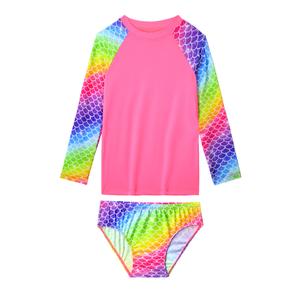 Girls Swimsuit Size 4t 5t Colorful Scale Print Long Sleeve Dark Pink Swimsuit Sets Two Piece Swimwear Sets
