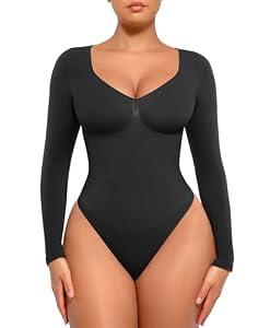 FeelinGirl Black Long Sleeve Shapewear for Woman Tummy Control Bodysuit Thong Going Out Slimming Tops Black M