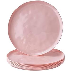 SILVER SPOONS Pink Plastic Dinner Plates for Party, (10 PC) Heavy Duty Disposable Dinner Set, 10”, Fine China Look Dishes, Great for Baby Showers, Holidays, Weddings and Events, Hammered Design