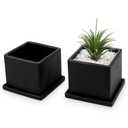 MyGift Modern Black Ceramic Small Plant Pot, Decorative Square Flower Succulent Planter, Set of 2