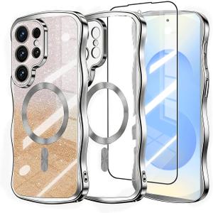 Glitter for Galaxy S26 Ultra Case with Camera Lens Protector,[Screen Protector] Bling Sparkle Protective Magnetic Phone Case for Women Shiny Gradient Cover for S26 Ultra Silver
