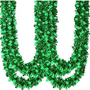 Sggvecsy St.Patrick's Day Tinsel Garland Shamrock Clover Green Metallic Tinsel Garland for St. Patrick's Day Irish Party Festival Indoor Outdoor Decoration (Green)