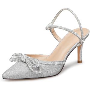 Susanny Women's Closed Toe Rhinstone Wedding Low Heel Slingback Clear Kitten Heels,Adjustable Strap Pointed Toe Bow Pumps High Heeled Prom Dress Shoes (10)