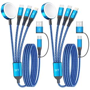 Multi Charging Cable with Dual Type-C Ports, 4 in 2 USB A/C Charing Cord for Apple Watch Charger/iPhone Charger/L Port, 5FT 2Pack iWatch Cable Travel Essentials for iWatch/iPhone 17-11/Android
