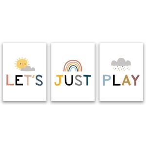 Playroom Sign, Playroom Wall Decor, Play Sign for Playroom Wall, Kids Wall Art, Playroom Wall Art, Let's Just Play Posters, Classroom Wall Art, Cute Children Room Decoration, Framed Easy to Hang (16" x 24" x 3 Panels)