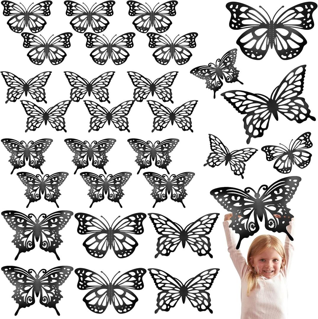 Yeaqee 24 Pcs Large Butterfly Party Decoration 3D Butterflies Wall Decor Set 2 Sizes 3 Styles Large Stickers for Birthday Baby Shower Nursery Bedroom Wedding Decor Cutouts (Black)
