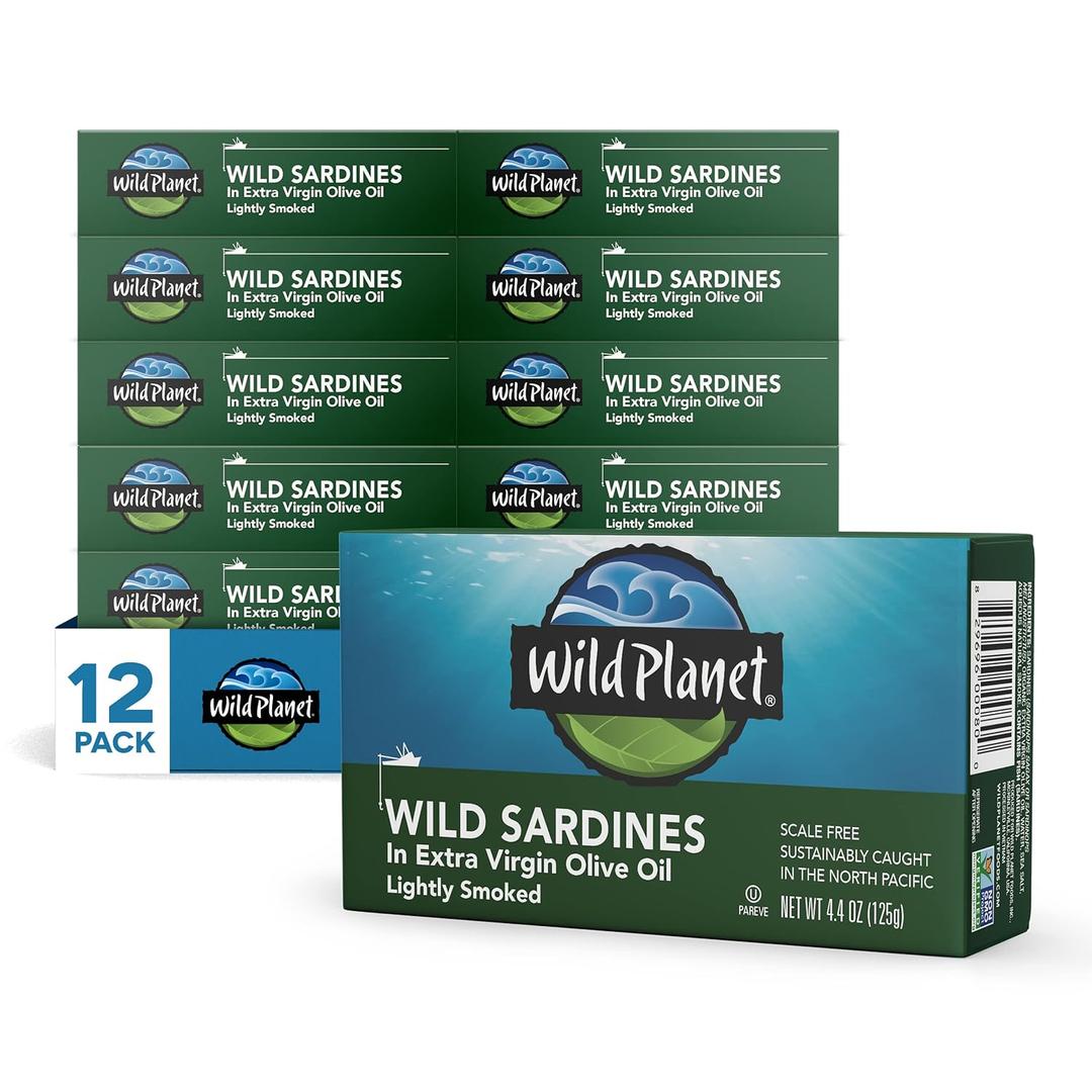 Wild Planet Wild Sardines in Extra Virgin Olive Oil, Lightly Smoked, Tinned Fish, Sustainably Wild-Caught, Non-GMO, Kosher, Gluten Free, 4.4. Ounce (Pack of 12) Best By 01/08/2030