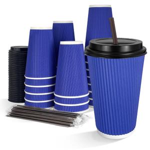 Finepak 12oz 90Pack Compostable Paper Cups with Lids & Straws, 3-Layer Insulated Corrugated Cups for Hot & Cold Drinks, Home Office Travel,Blue (EXP 08/19/32)
