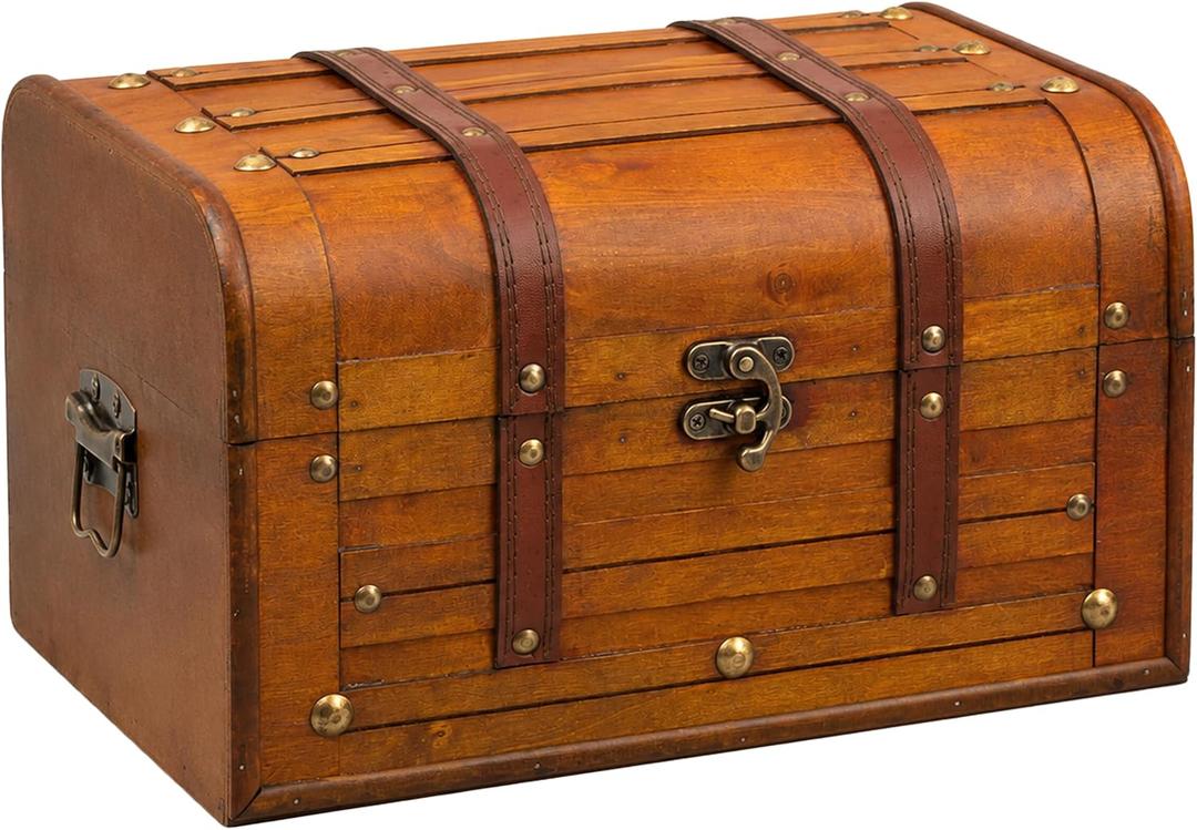Antique Wooden Treasure Chest with Removable Tray, Durable Engineered Wood Keepsake Storage Box, Decorative Vintage Pirate Treasure Chest for Home Storage and Room Decor (Large -13x9.5x7.5")