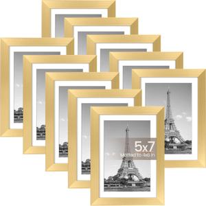 upsimples 5x7 Picture Frame Set of 10, Display Pictures 4x6 with Mat or 5x7 Without, Multi Photo Frames Collage for Wall or Tabletop Display, Gold