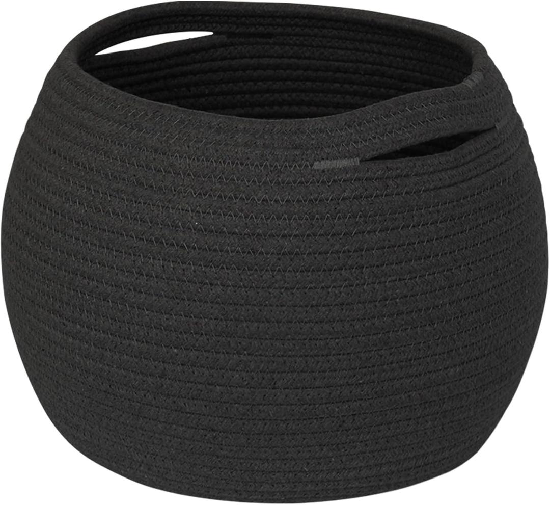 Black Woven Storage Basket, 11" x 9" Indoor Plant Basket for Decor, Decorative Small Cotton Rope Bin for Organizing Pet Toy, Gifts, Towel, Cloth, Socks, Wicker Planter Holder, Modern Shoe Bin