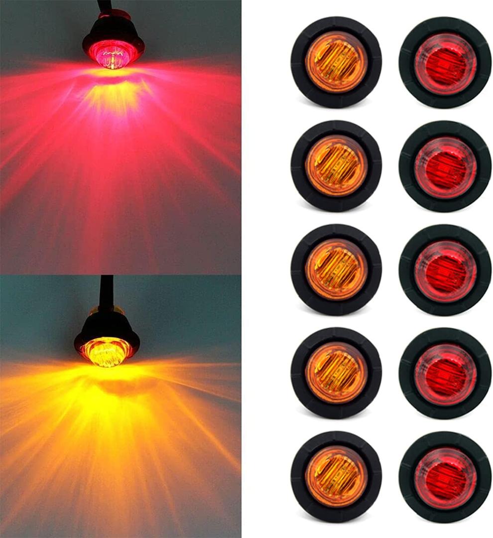 FXC 'Purishion 10x 3/4 in' Round LED Clearence Light Front Rear Side Marker Indicators Light for Truck Car Bus Trailer Van Caravan Boat, Taillight Brake Stop Lamp (12V, Red+Amber)