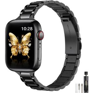 WFEAGL Thin Metal Bands Compatible with Apple Watch Band 46mm 45mm 44mm 49mm 42mm (Series 3 2 1) for Women, Slim Stainless Steel Wristbands for iWatch Ultra SE Series 11 10 9 8 7 6 5 4 (Black)