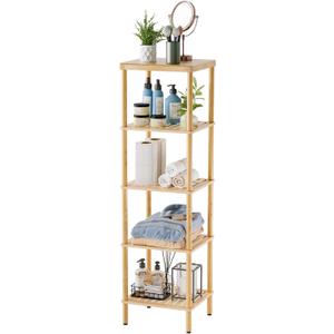 AmazerBath 5-Tier Bamboo Bathroom Shelf, Bathroom Standing Shelves, Multifunctional Shelving Unit for Living Room Bedroom Kitchen, Natural Color