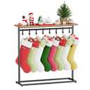 Christmas Stocking Holder Stand with Shelf, Free Standing Stocking Rack with 8 Removable Hooks，Heavy Duty Metal Storage Shelf for Gifts and Decor, Adjustable Feet, Black