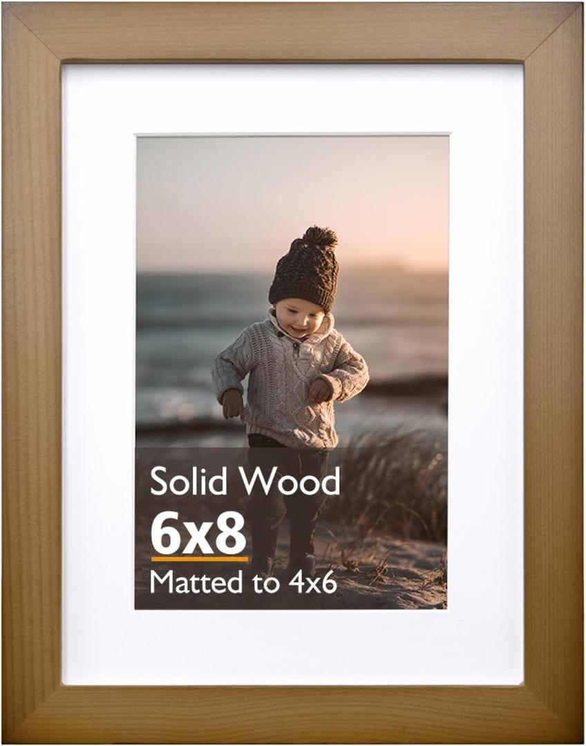 KINLINK 6x8 Picture Frame, Brown Solid Wood Frame with Acrylic Plexiglass for Pictures 4x6 with Mat or 6x8 without Mat, Tabletop and Wall Mounting Display Photo Frame 1 Pack