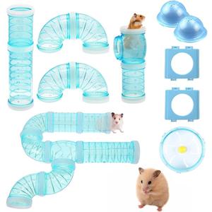 2 Hamster Tubes Kits, Hamster Tunnel Adventure External Pipe, Transparent DIY Creative Connection Cage & Accessories, Wheel for Pet Mouse Rat Small Animal (Blue)