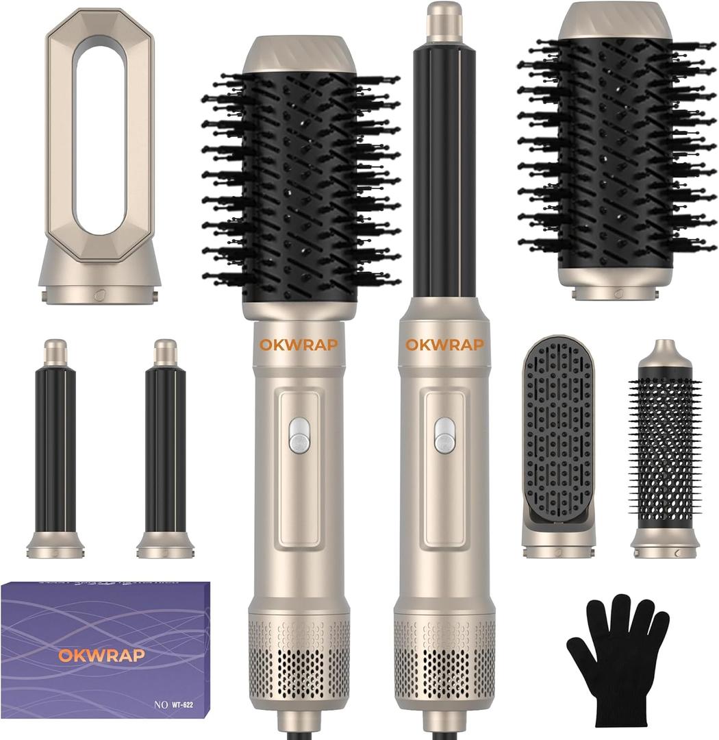6 in ONE Blow Dryer Brush, Curling Wand Hair Styling Tools Set, Ionic Hot Air Hair Dryer, Massage Oval Hair Dryer, Left&Right Hair Curlers 100-120V (Gold Champagne)