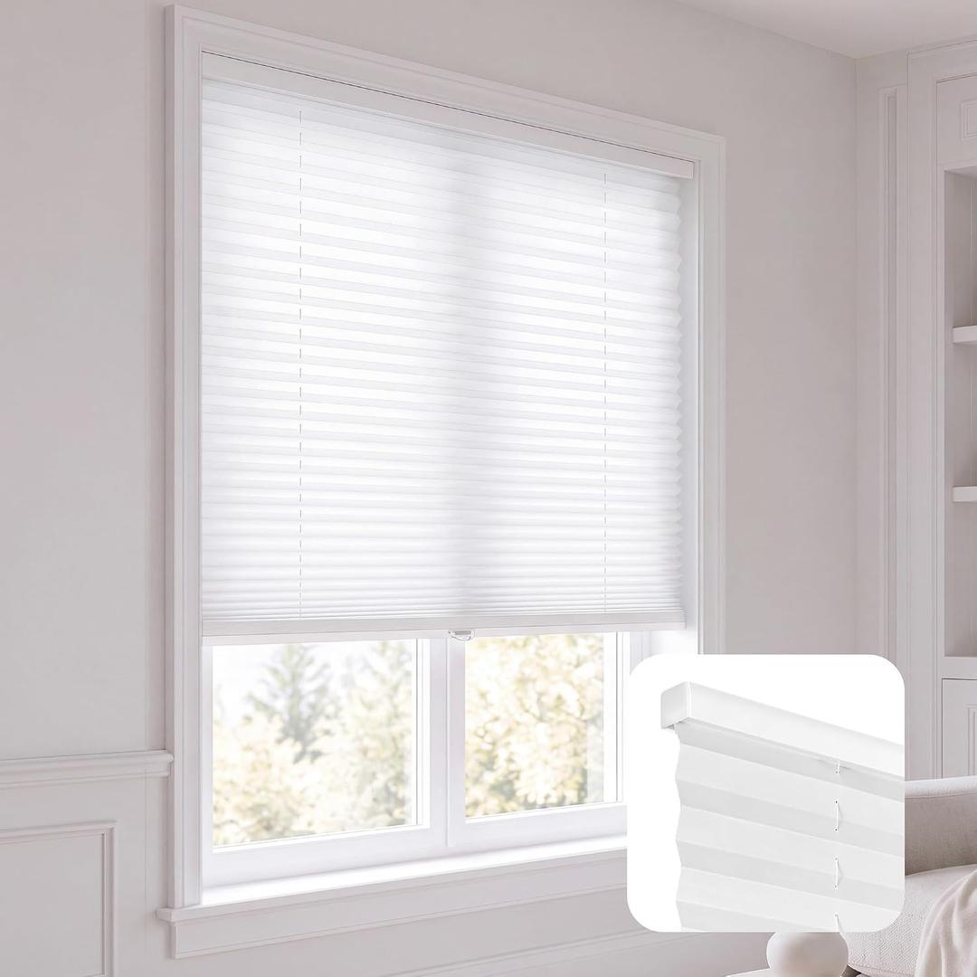 DEZ FURNISHINGS Cordless 1" Signature Light Filtering Pleated Fabric Shade, 22" W x 48" H, White