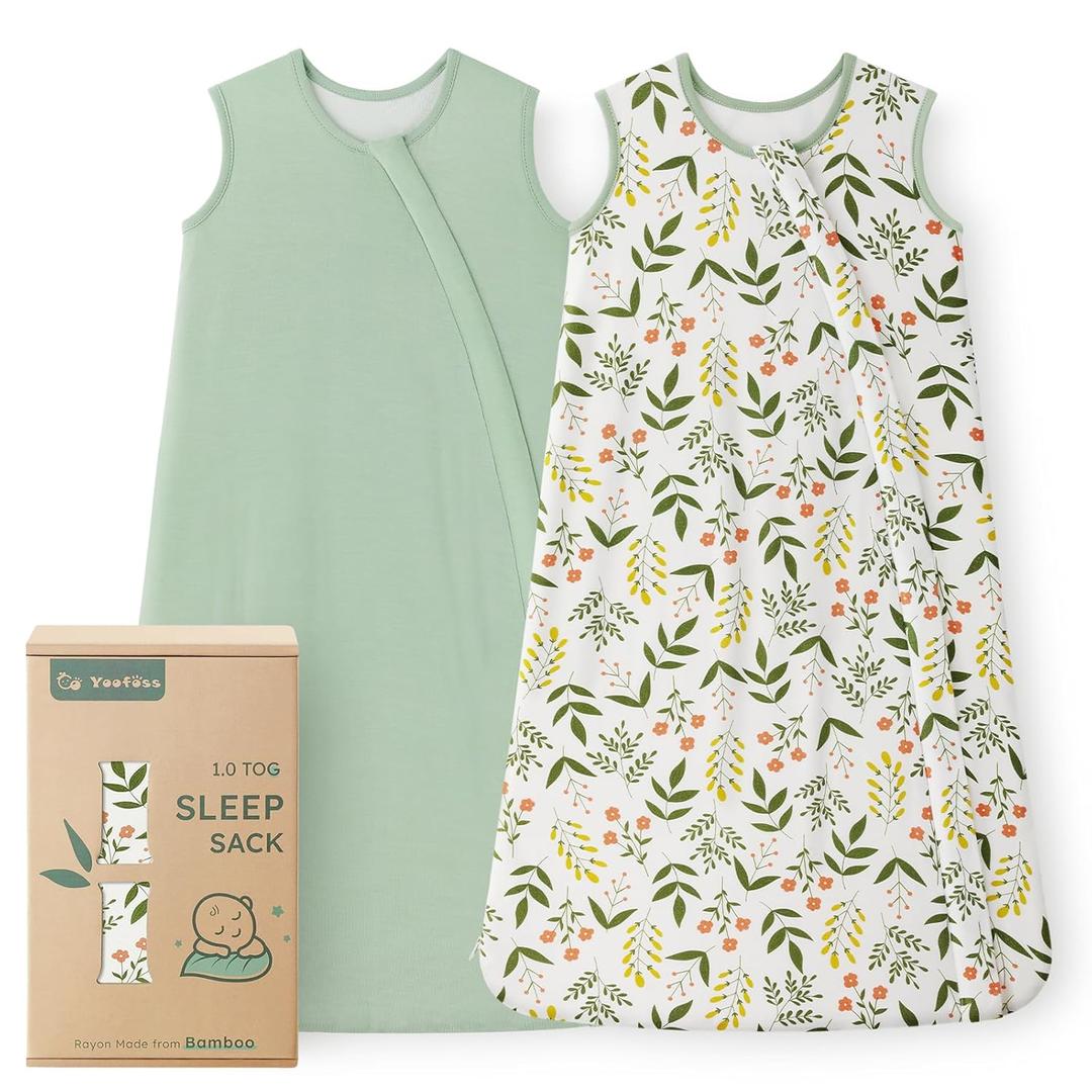 Yoofoss Rayon Made from Bamboo Baby Sleep Sack 18-24 Months TOG 0.5 Baby Wearable Blanket, Super Soft Infant Toddler Sleeping Sack 2-Way Zipper, Green&Flower