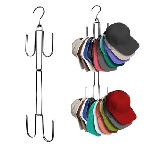 Hat Organizer for Closet, Collapsible Metal Cap Rack with 360° Rotating Hooks, Space Saving Hat Hanger Holds 40+ Baseball Caps Holder for Wall, Door or Closet Display Pack of 2