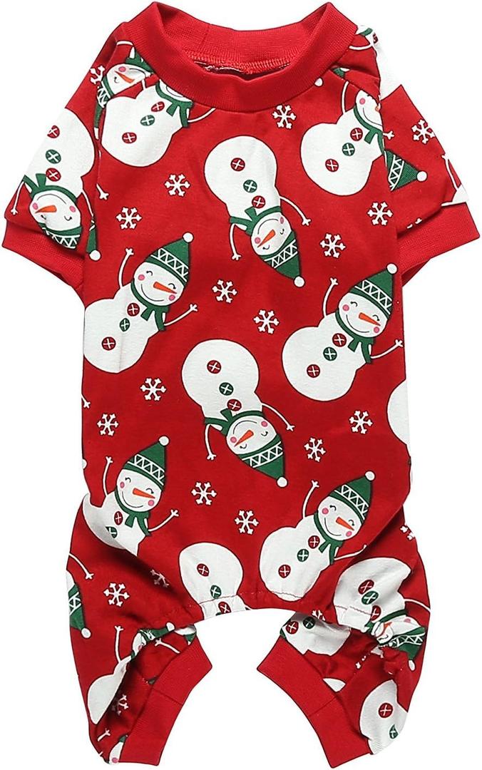 Lanyarco Cute Snowman Christmas Dog Pajamas, Soft Cotton Xmas Christmas Pajamas for Dogs Holiday Pet Clothes Onesie PJS, Red Medium Back Length 15"